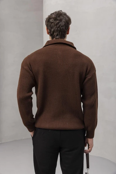 Gibson Oversize Yarım Fermuar Gömlek Polo Yaka Selanik Örme Erkek Triko Kazak - Kahve - 7