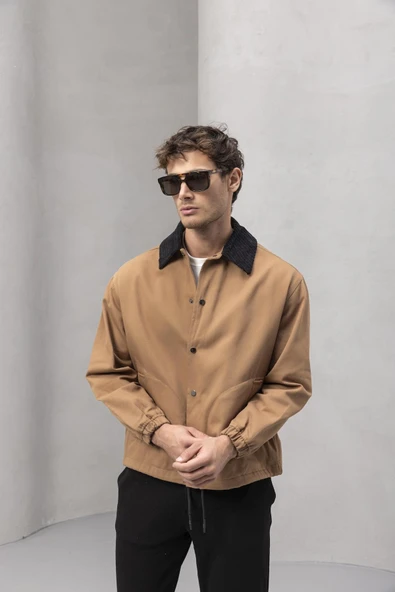 Lauri Workwear Tarzı Tok Kumaş Kadife Yakalı Rahat Kalıp Erkek Ceket - Kahverengi - Resim 6