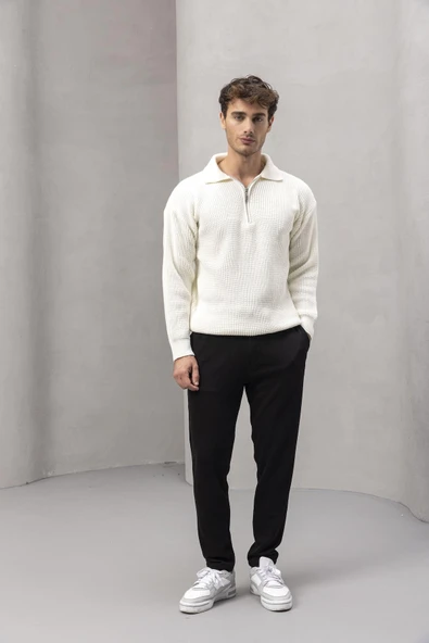 Gibson Oversize Yarım Fermuar Gömlek Polo Yaka Selanik Örme Erkek Triko Kazak - Ekru - Resim 6