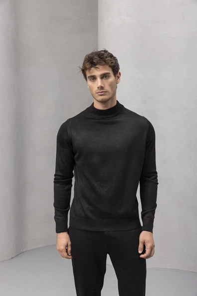 Fincher Yarım Balıkçı Fit Kalıp Boğazlı Erkek Kazak - Siyah - Resim 2