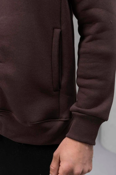 Marcel Regular Fit Fermuarlı Kıstırma Cepli Üç İp Şardonlu Erkek Sweatshirt - Kahve - Resim 3
