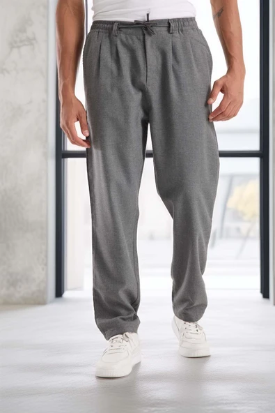 Bezayağı Kumaş Relax Fit Duble Paça Jogger Pantolon - Gri ürün görseli