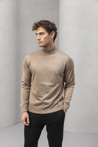 Fincher Yarım Balıkçı Fit Kalıp Boğazlı Erkek Kazak - Bej - Resim 5