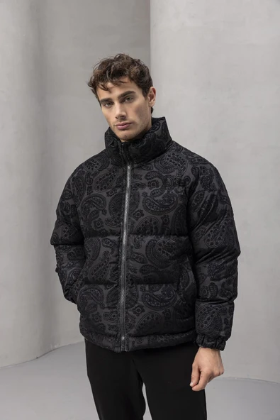 Harjo Etnik Desen Yüksek Yaka Şişme Erkek Mont - Siyah ürün görseli