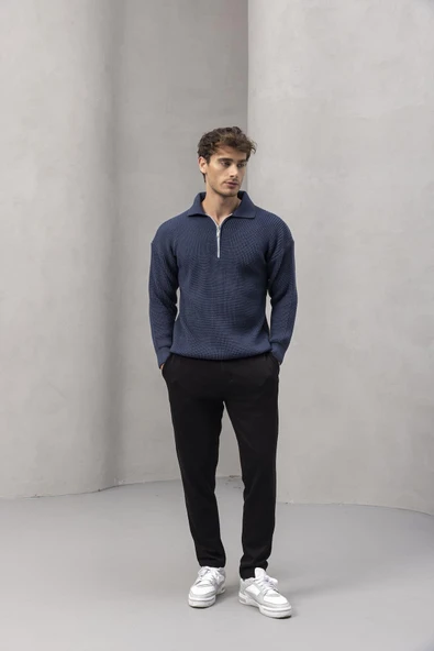 Gibson Oversize Yarım Fermuar Gömlek Polo Yaka Selanik Örme Erkek Triko Kazak - İndigo - 4