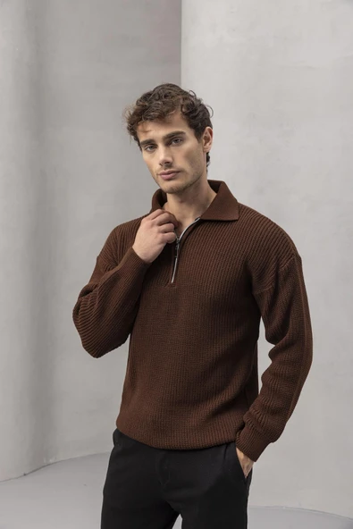 Gibson Oversize Yarım Fermuar Gömlek Polo Yaka Selanik Örme Erkek Triko Kazak - Kahve - 2