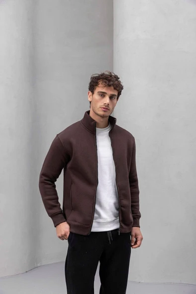 Marcel Regular Fit Fermuarlı Kıstırma Cepli Üç İp Şardonlu Erkek Sweatshirt - Kahve - Resim 2