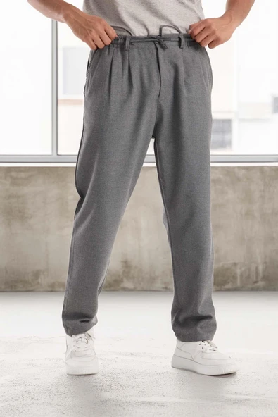 Bezayağı Kumaş Relax Fit Duble Paça Jogger Pantolon - Gri - Resim 3