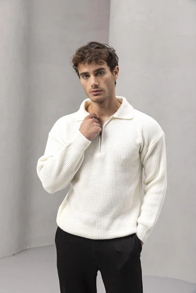 Gibson Oversize Yarım Fermuar Gömlek Polo Yaka Selanik Örme Erkek Triko Kazak - Ekru - Resim 2