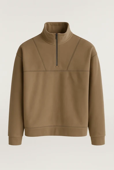 Crowe Çizgi Şeritli Oversize Yarım Fermuar Polar Erkek Sweatshirt - Bej ürün görseli 1