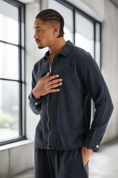 Regular Fit Cupra Kumaş Fermuarlı Erkek Ceket - Füme - Resim 6