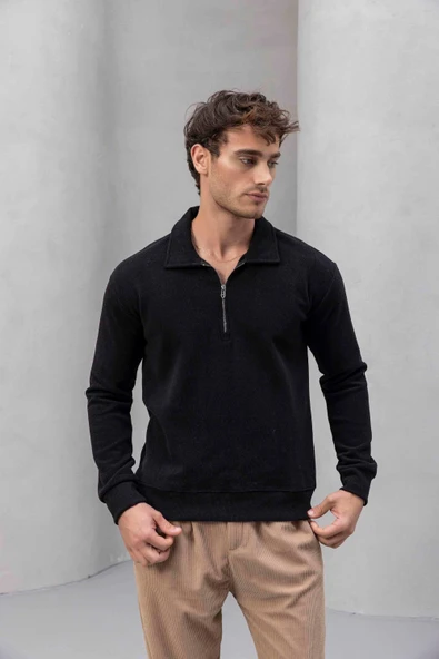 Eric Relax Fit Yarım Fermuarlı Polo Yaka Selanik Kumaş Erkek Sweatshirt - Siyah - Resim 6