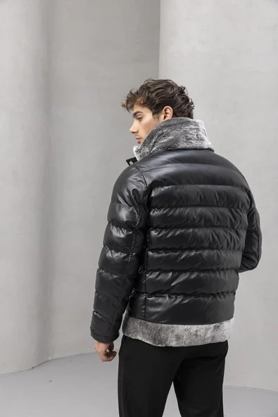 Gustav Yakası Kürklü Çıtçıtlı ve Fermuarlı Erkek Mont - Siyah - Resim 5