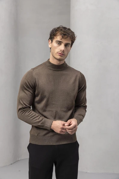 Fincher Yarım Balıkçı Fit Kalıp Boğazlı Erkek Kazak - Kahve - Resim 6