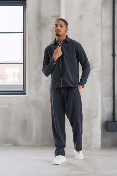 Baggy Kalıp Cupra Kumaş Jogger Erkek Eşofman Takımı - Füme - Resim 6