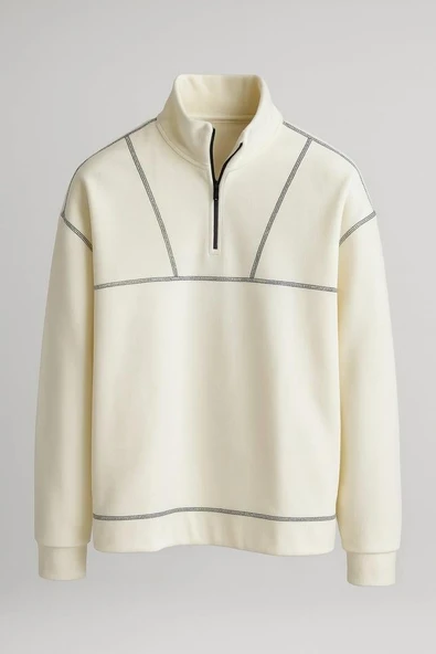 Crowe Çizgi Şeritli Oversize Yarım Fermuar Polar Erkek Sweatshirt - Ekru ürün görseli
