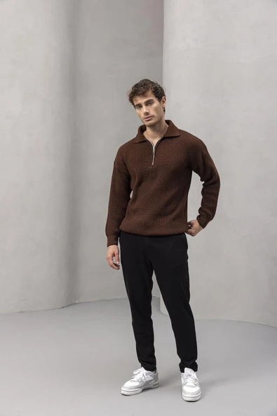 Gibson Oversize Yarım Fermuar Gömlek Polo Yaka Selanik Örme Erkek Triko Kazak - Kahve - 5