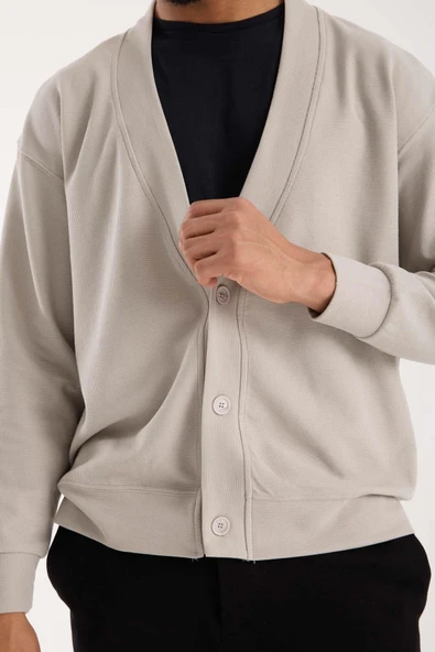 Potter Dokulu Selanik Kumaş Oversize Basic 3 Düğmeli Erkek Hırka - Mineral Gri - Resim 5