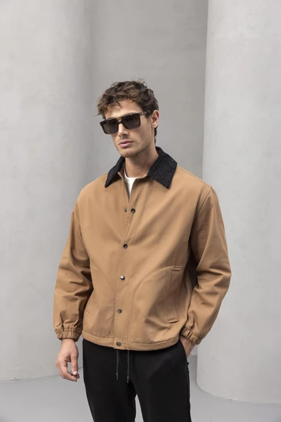 Lauri Workwear Tarzı Tok Kumaş Kadife Yakalı Rahat Kalıp Erkek Ceket - Kahverengi - Resim 2