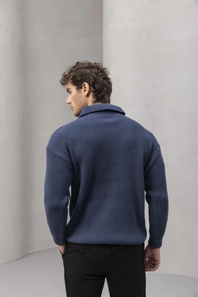 Gibson Oversize Yarım Fermuar Gömlek Polo Yaka Selanik Örme Erkek Triko Kazak - İndigo - 7