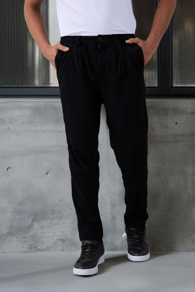 Roy Regular Fit Beli Lastikli Fitilli Kadife Kumaş Fermuarlı Jogger Erkek Pantolon - Siyah ürün görseli