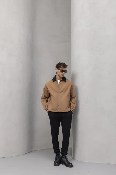 Lauri Workwear Tarzı Tok Kumaş Kadife Yakalı Rahat Kalıp Erkek Ceket - Kahverengi - Resim 7