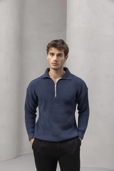 Gibson Oversize Yarım Fermuar Gömlek Polo Yaka Selanik Örme Erkek Triko Kazak - İndigo - 2