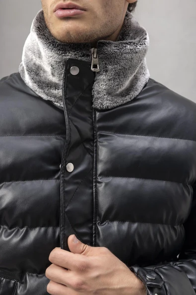 Gustav Yakası Kürklü Çıtçıtlı ve Fermuarlı Erkek Mont - Siyah - Resim 3