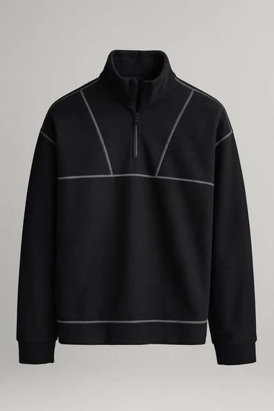 Crowe Çizgi Şeritli Oversize Yarım Fermuar Polar Erkek Sweatshirt - Siyah ürün görseli 1