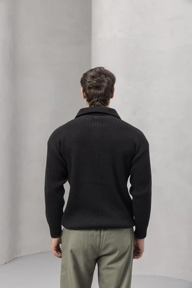 Gibson Oversize Yarım Fermuar Gömlek Polo Yaka Selanik Örme Erkek Triko Kazak - Siyah - 7