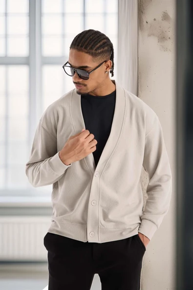 Potter Dokulu Selanik Kumaş Oversize Basic 3 Düğmeli Erkek Hırka - Mineral Gri - Resim 3