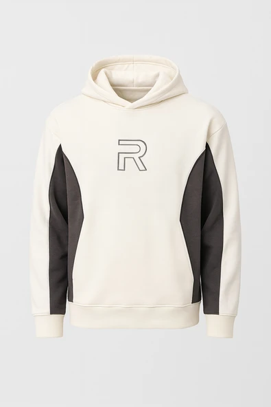 Frank Parçalı Kontrast Desenli Kapüşonlu Oversize Cepli Polar Erkek Sweatshirt - Ekru ürün görseli