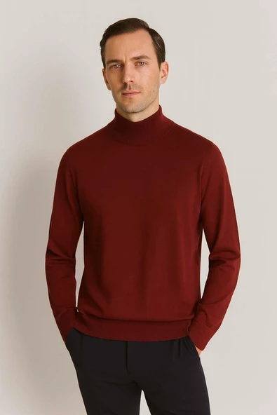 Fincher Yarım Balıkçı Fit Kalıp Boğazlı Erkek Kazak - Bordo - Resim 2