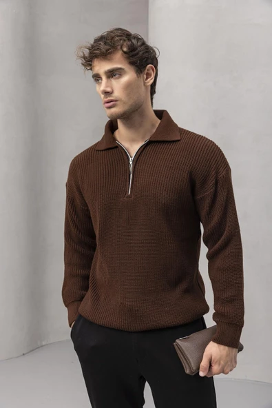 Gibson Oversize Yarım Fermuar Gömlek Polo Yaka Selanik Örme Erkek Triko Kazak - Kahve - 4