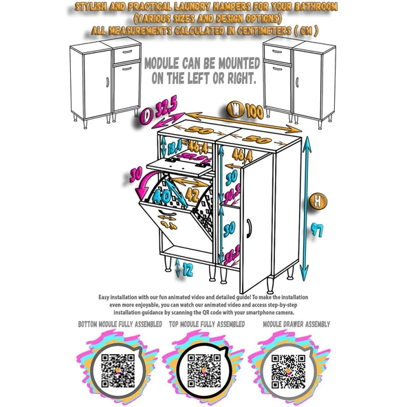 Modilayn YENİCE 100x97x32,5 cm 3 raflı ve 3 sepetli dolap ile çamaşırlarınız artık daha düzenli. - 5