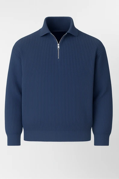 Gibson Oversize Yarım Fermuar Gömlek Polo Yaka Selanik Örme Erkek Triko Kazak - İndigo