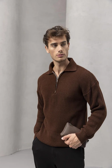 Gibson Oversize Yarım Fermuar Gömlek Polo Yaka Selanik Örme Erkek Triko Kazak - Kahve - 6