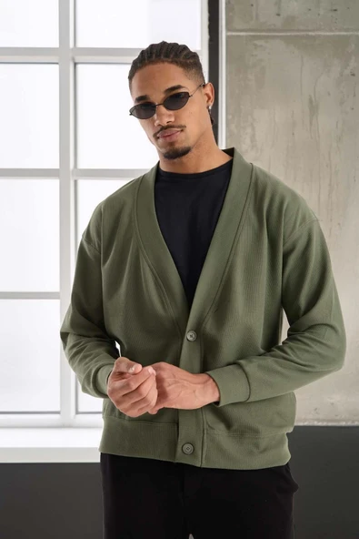 Potter Dokulu Selanik Kumaş Oversize Basic 3 Düğmeli Erkek Hırka - Avcı Yeşili - Resim 6