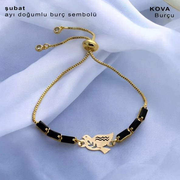 Doğum Ayına Özel 14 Ayar Altın Plakalı Kuş Figürlü Zincirli Siyah Taş Desenli Hediye Bileklik-378 ürün görseli