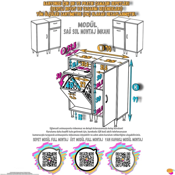 Modilayn YENİCE 70x97x32,5 cm 3 raflı ve 3 sepetli dolap ile çamaşırlarınız artık daha düzenli. - 4