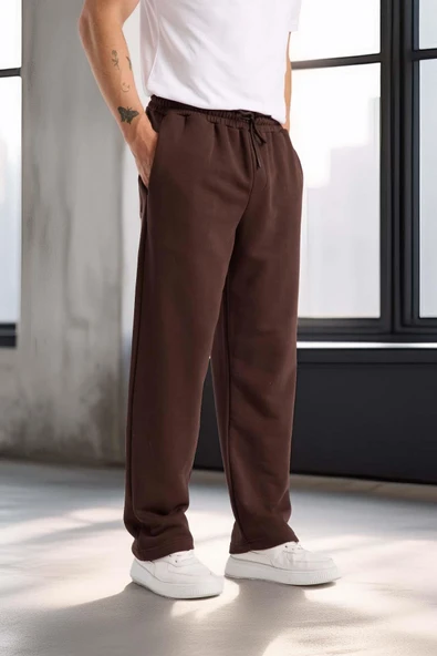 Mendes Baggy Kalıp Diagonal 3 İplik Kumaş Erkek Eşofman Altı Pantolon - Kahve - Resim 3