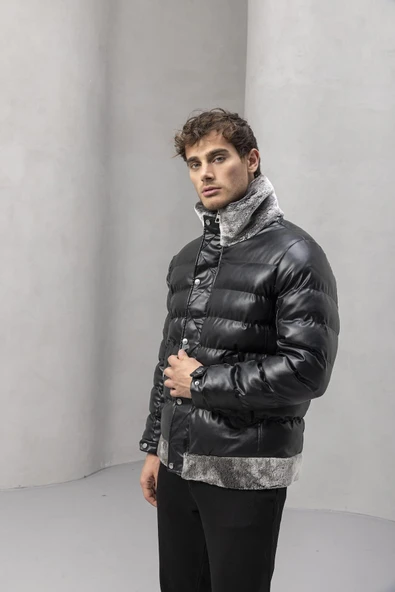 Gustav Yakası Kürklü Çıtçıtlı ve Fermuarlı Erkek Mont - Siyah - Resim 8