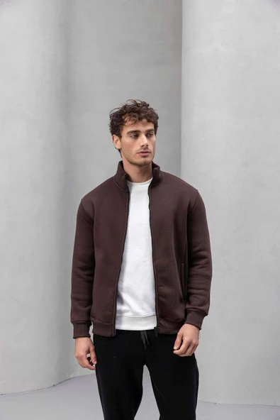 Marcel Regular Fit Fermuarlı Kıstırma Cepli Üç İp Şardonlu Erkek Sweatshirt - Kahve - Resim 8