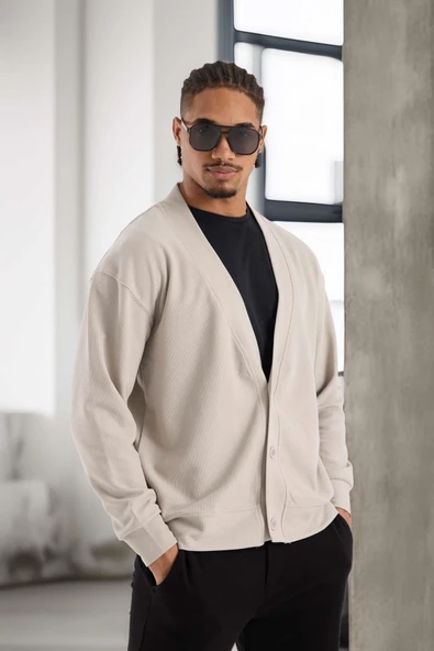 Potter Dokulu Selanik Kumaş Oversize Basic 3 Düğmeli Erkek Hırka - Mineral Gri ürün görseli 1