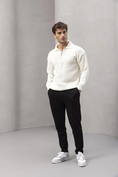 Gibson Oversize Yarım Fermuar Gömlek Polo Yaka Selanik Örme Erkek Triko Kazak - Ekru - Resim 5