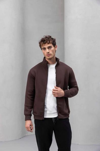 Marcel Regular Fit Fermuarlı Kıstırma Cepli Üç İp Şardonlu Erkek Sweatshirt - Kahve - Resim 5