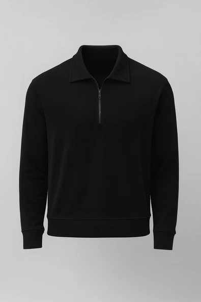Eric Relax Fit Yarım Fermuarlı Polo Yaka Selanik Kumaş Erkek Sweatshirt - Siyah ürün görseli