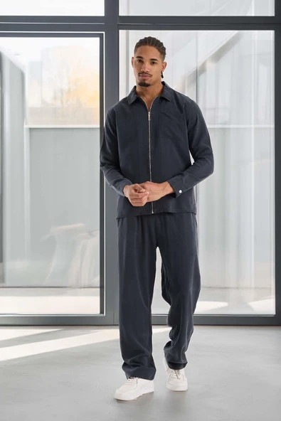 Baggy Kalıp Cupra Kumaş Jogger Erkek Eşofman Takımı - Füme - Resim 5