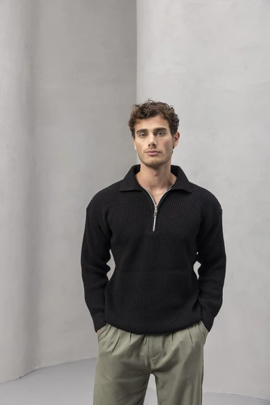 Gibson Oversize Yarım Fermuar Gömlek Polo Yaka Selanik Örme Erkek Triko Kazak - Siyah - 2