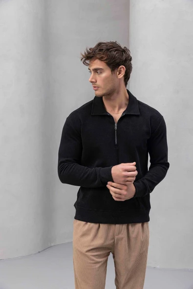 Eric Relax Fit Yarım Fermuarlı Polo Yaka Selanik Kumaş Erkek Sweatshirt - Siyah - Resim 5